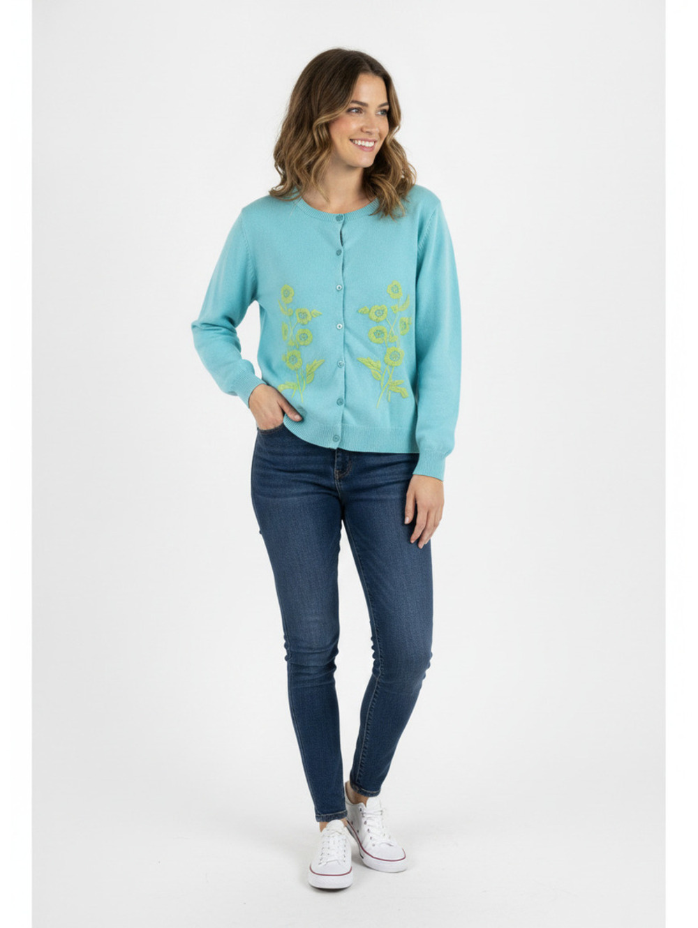 Garnet Hill embroidered cardigan sweater button down blue green xl cotton